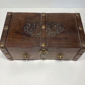 Vtg Old Asian wooden Hand carved Jewelry Music Box Mirror Brass accents works
